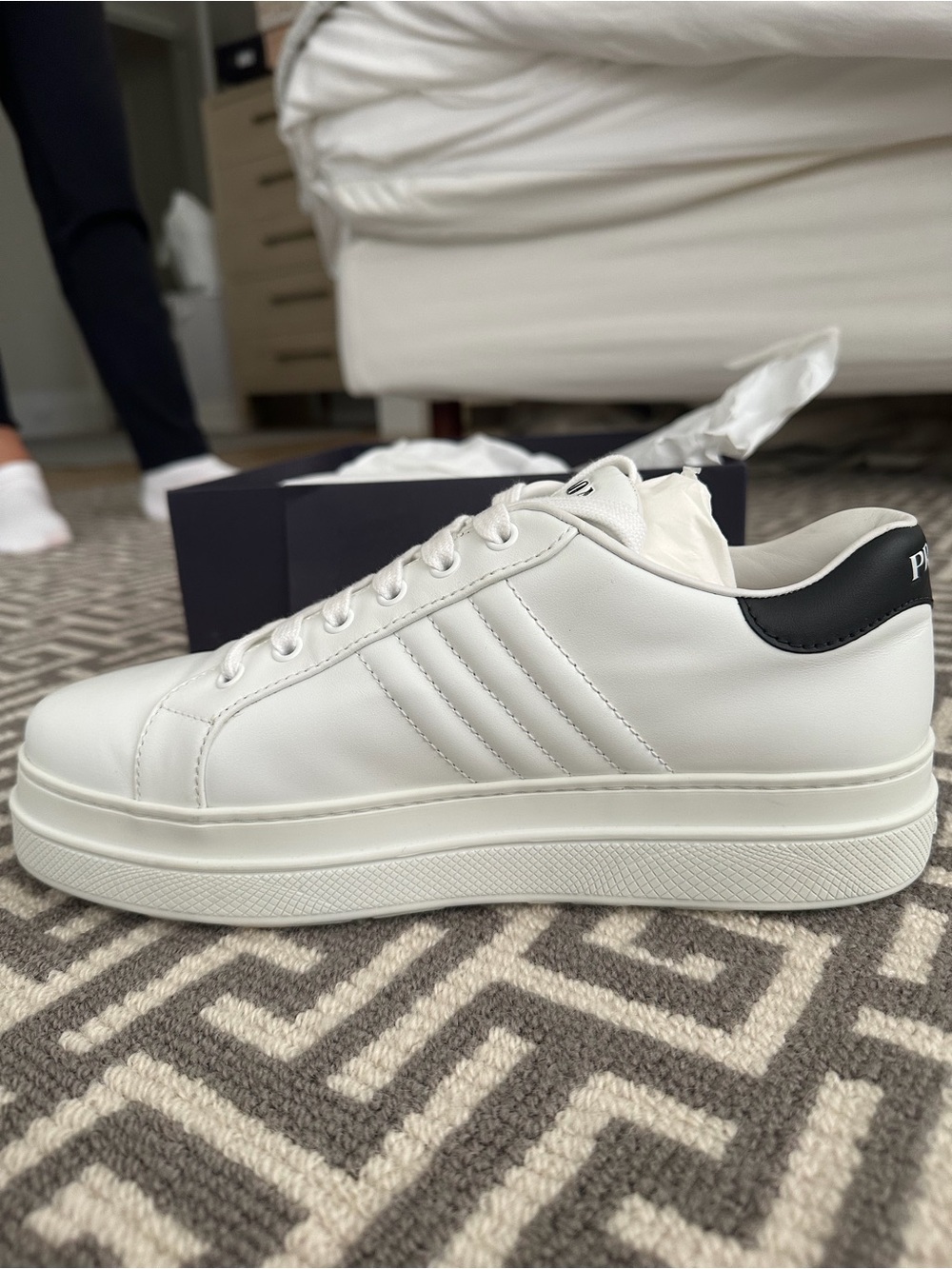 New Prada White Sneakers with Black Heel Tab